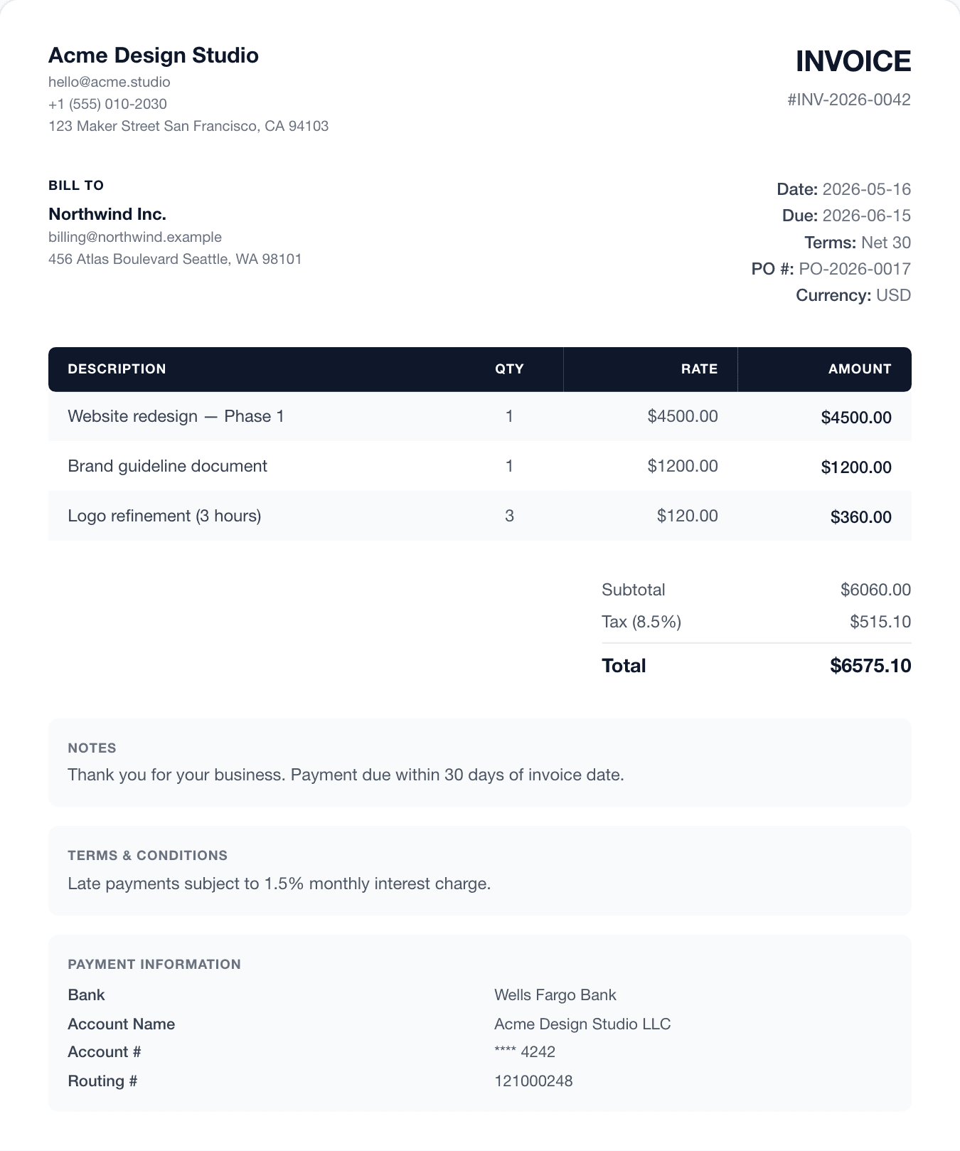 dark invoice template preview