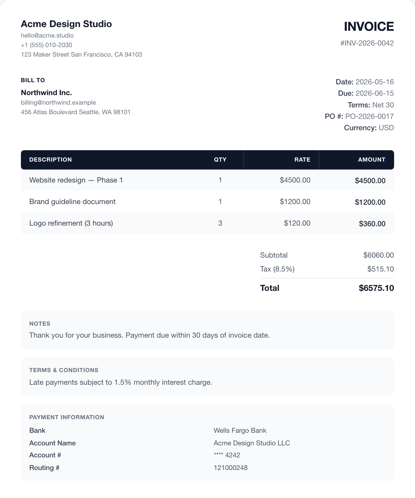 dark invoice template preview